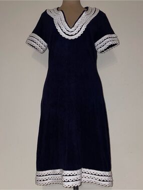 Tory Burch Navy Midi‎ Dress with White Crochet Trim